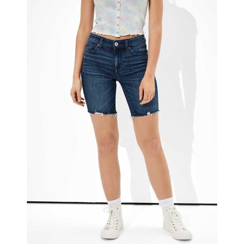 American Eagle Womens Pants Blue 8 Stretch Jean Shorts Raw Hem Skinny Bermuda